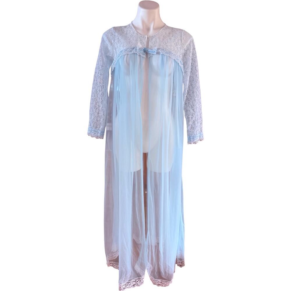 Vintage Miss Elaine 1960s Baby Blue Chiffon Peignoir Robe Lace Sleeves Medium - Picture 6 of 12